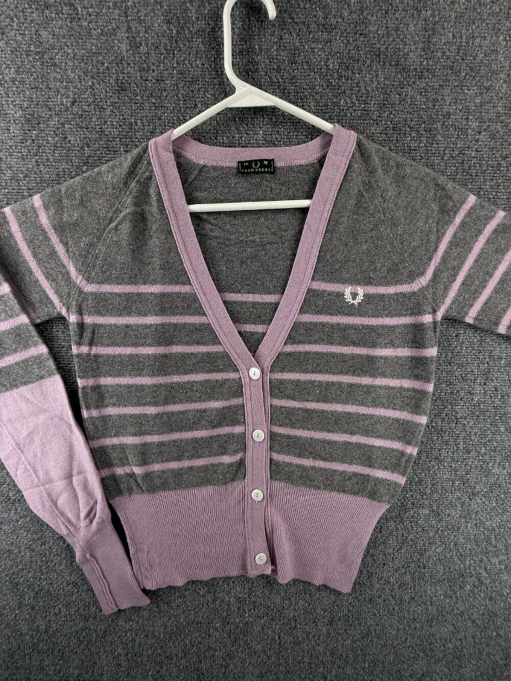 VTG Fred Perry Cashmere Wool Cardigan Knit Sweater Medium Purple Gray Striped